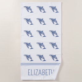 Toalla De Playa Blue Toile Floral Beach Dolphin Personalizado