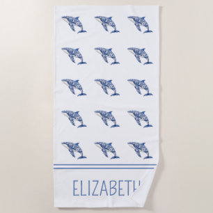 Toalla De Playa Blue Toile Floral Beach Dolphin Personalizado