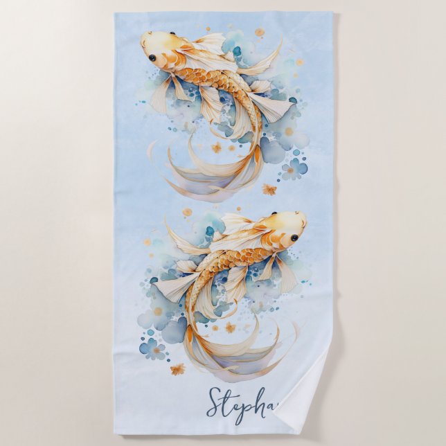 Toalla De Playa Blue Watercolor Gold Koi Fish Personalizado (Anverso)