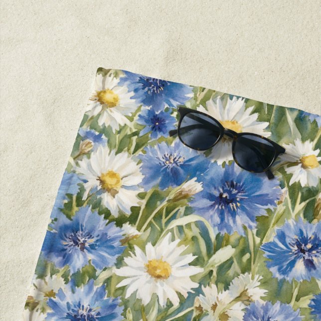 Toalla De Playa Blue White Daisy Flowers (In situ)