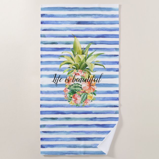 Toalla De Playa Blue White Stripes Tropical Floral Pineapple (Anverso)