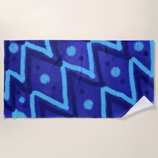 Toalla De Playa Blue Zig Zags Dots Funky Pattern  (Anverso)