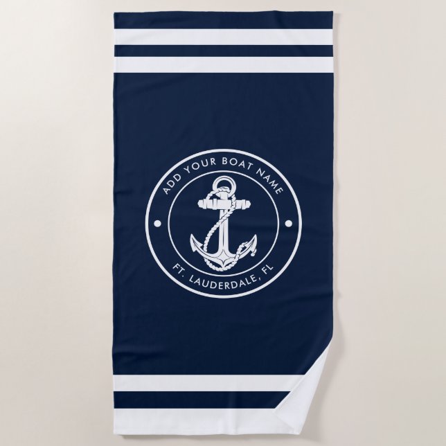 Toalla De Playa Boat Anchor Nautical Navy Blue and White Custom (Anverso)
