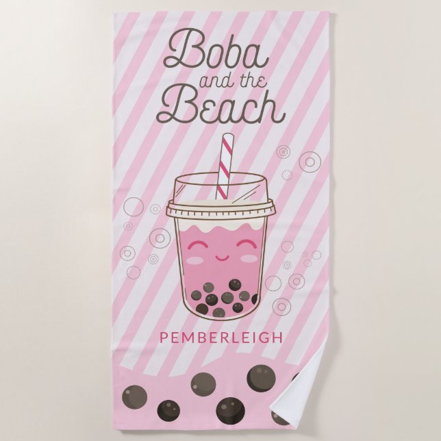 Toalla De Playa Boba Bubble Tea Rayos rosados (Anverso)