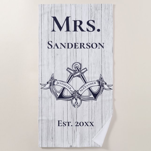 Toalla De Playa Boda Anchor Sra. Navy Monogramas Náuticos Azules (Anverso)