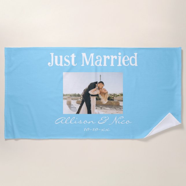 Toalla De Playa Boda de texto y foto personalizada casada (Anverso)