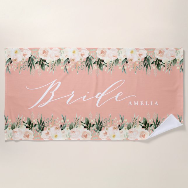 Toalla De Playa boda floral + follaje personalizado Rubor (Anverso)