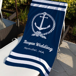 Toalla De Playa Boda personalizada de Ancla Azul de la Marina Náut
