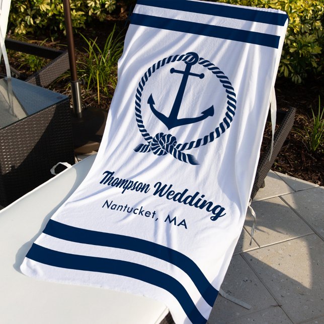 Toalla De Playa Boda personalizada Nautical White Navy Anchor (Subido por el creador)