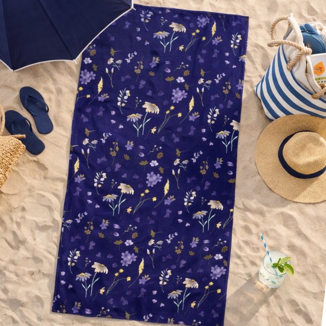 Toalla De Playa Boho Acuarela Flores Silvestres Azul Marino  (Subido por el creador)