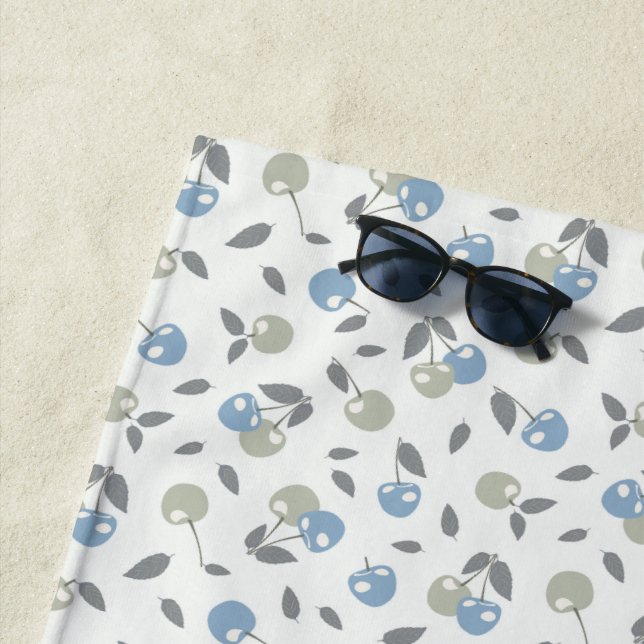 Toalla De Playa Boho Beach Cherries - sage blue fruit pattern. (In situ)