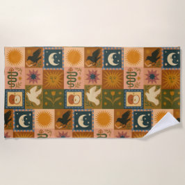 Toalla De Playa Boho Celestial | Sol y luna retro