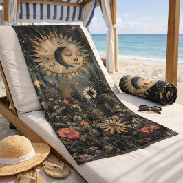 Toalla De Playa Boho Celestial Sun Moon Wildflower Garden
