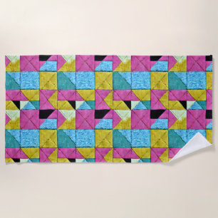 Toalla De Playa Boho Faux Patchwork Quilt Pink Yellow Blue