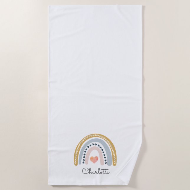 Toalla De Playa Boho Watercolor Arcoiris botón personalizado (Anverso)