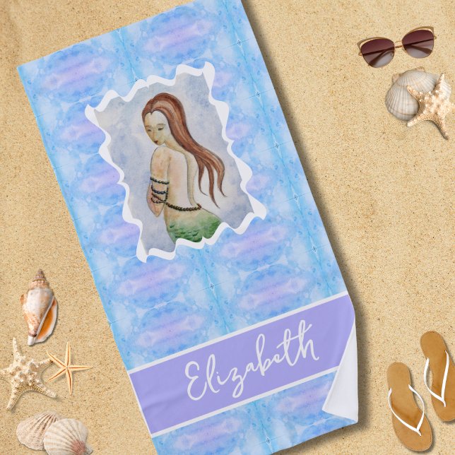Toalla De Playa Boho Watercolor Mermaid Personalized (Subido por el creador)