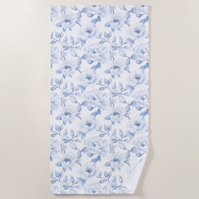 Toalla De Playa Bonito de moda Flores blancas azules (Anverso)