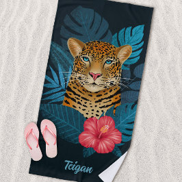 Toalla De Playa Bonito Jungle Leopard Floral Art | Azul | Nombre