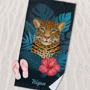 Toalla De Playa Bonito Jungle Leopard Floral Art   Azul   Nombre