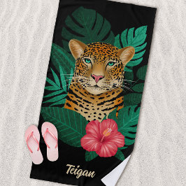 Toalla De Playa Bonito Jungle Leopard Floral Art | Negro | Nombre
