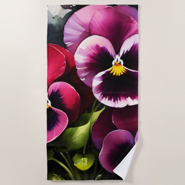 Toalla De Playa Bonito maroon daek pansies rojos pintura acuarela (Anverso)