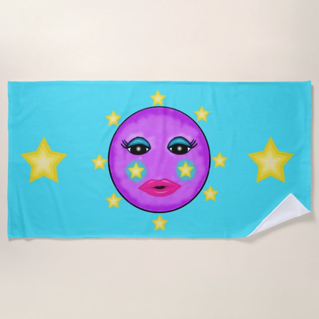 Toalla De Playa Bonito Purple Moon Face Yellow Stars Litros rosado (Anverso)