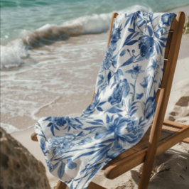 Toalla De Playa Botánico Floral Acuarela Chinoiserie Azul