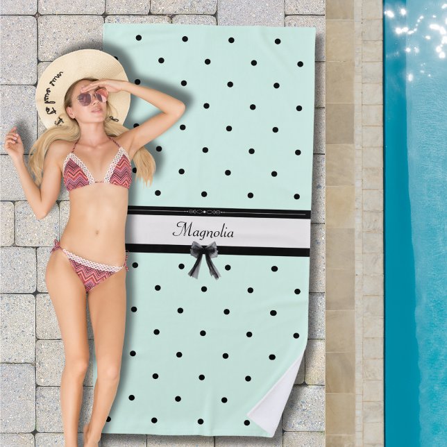 Toalla De Playa Boutique Chic Mint Green Polka Dot Monogram (Refresh your summer gear! Custom name & seafoam mint dots for the ultimate resort look.)