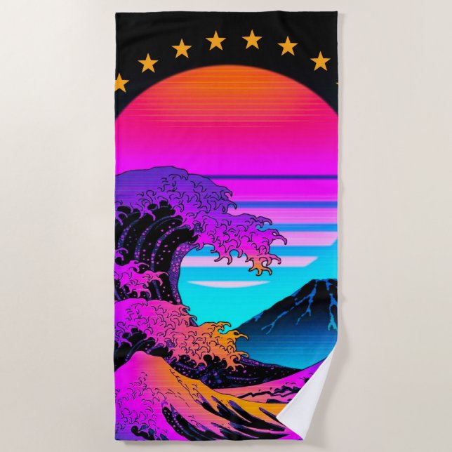 Toalla De Playa Bright Neon Wave Crash Mountain Retro (Anverso)