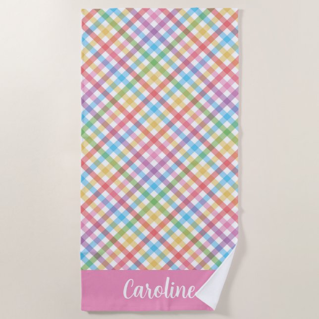 Toalla De Playa Brillante multicolor Gingham Personalizado (Anverso)