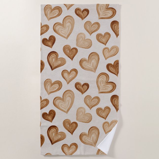 Toalla De Playa Brown Cream Hearts Stripes (Anverso)