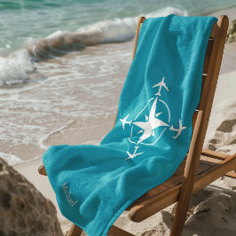 Toalla De Playa Brújula Avión Viaje Simple Azul Personalizado