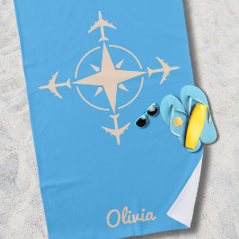 Toalla De Playa Brújula Moderna Simple y Viaje en Avión Personaliz