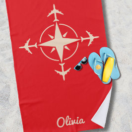 Toalla De Playa Brújula Moderna Simple y Viaje en Avión Personaliz