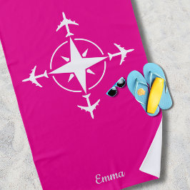 Toalla De Playa Brújula y avión modernos simples, personalización 