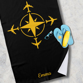 Toalla De Playa Brújula y avión modernos simples, viaje personaliz