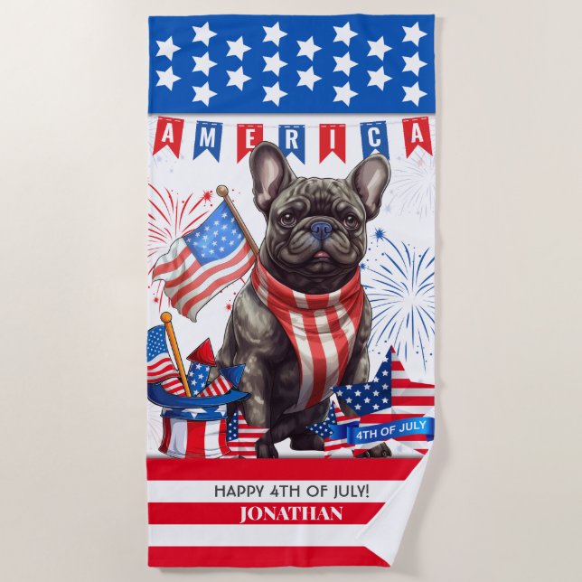 Toalla De Playa Bulldog Francés Feliz 4 De Julio Patriótico Estado (Anverso)