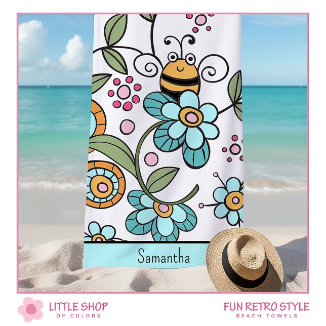 Toalla De Playa Bumble floral retro personalizado (Subido por el creador)