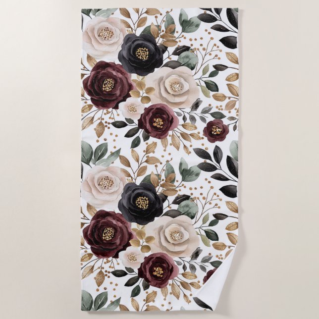 Toalla De Playa Burgundy Cream Black Floral (Anverso)