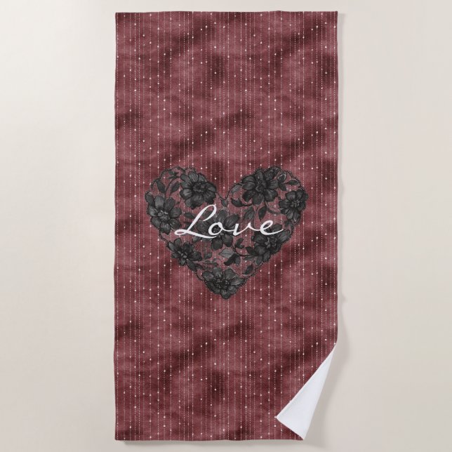 Toalla De Playa Burgundy Stripes Black Faux Lace Floral Heart  (Anverso)