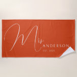 Toalla De Playa Burnt Orange Newlyweds Name Personalized Honeymoon<br><div class="desc">Celebrate your love in style with this personalized beach towel for adults, featuring the newlyweds' names in an elegant, modern design. Perfect for a honeymoon beach trip, anniversary getaway, or romantic vacation, this soft and vibrant towel is a must-have for couples who love to travel together. Designed with a bold...</div>