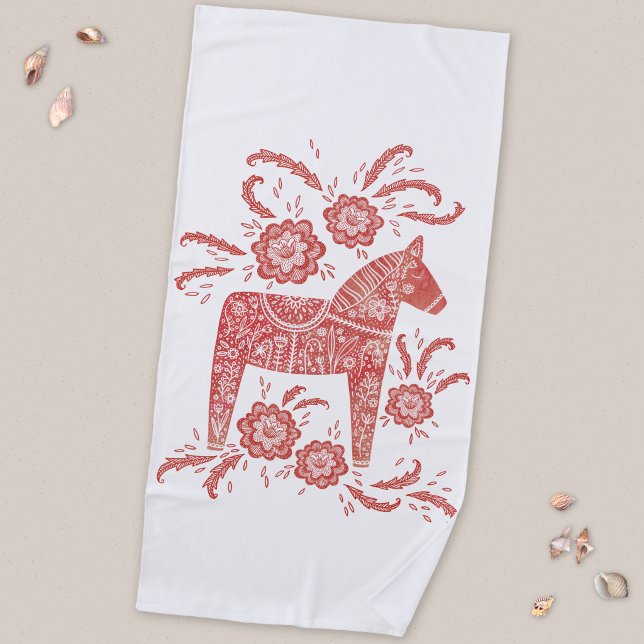 Toalla De Playa Caballo Dala Sueco Rojo y Blanco (Swedish Dala Horse red and white folk art beach towel)