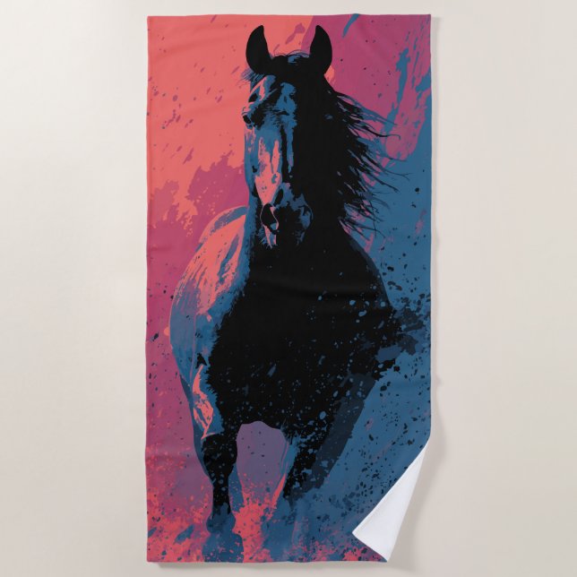 Toalla De Playa Caballo Negro Corriendo (Anverso)