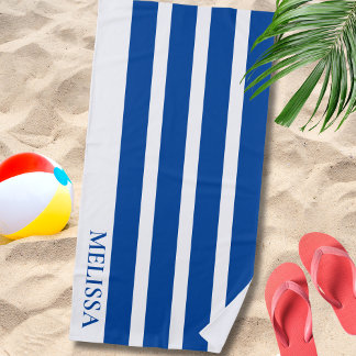 Toalla De Playa Cabaña a rayas azules y blancas con nombre persona