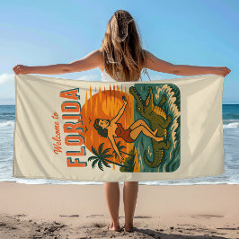 Toalla De Playa Caimán Surfista Playa Pin-up Retro Costero