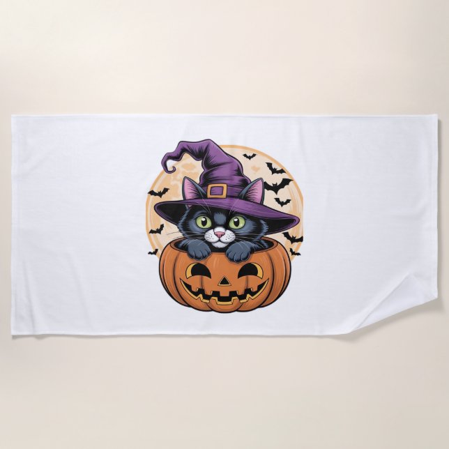 Toalla De Playa Calabaza de Halloween Gato negro camiseta sobredim (Anverso)