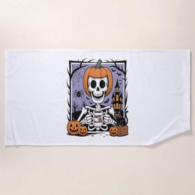 Toalla De Playa Calabaza Skeleton Café para beber (Anverso)