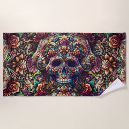 Toalla De Playa Calavera Azucarada Super Floral Vibrante