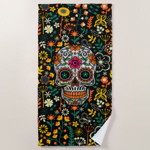 Toalla De Playa Calavera De Azúcar Colorida Con Fondo De Flores Re