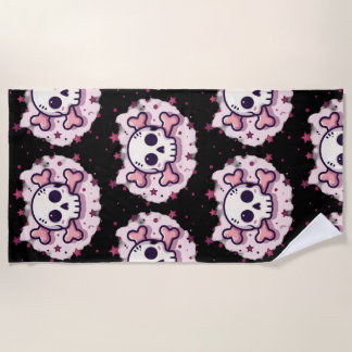 Toalla De Playa Calavera y Huesos Cruzados Rosa Pastel